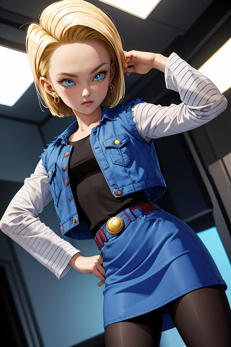 (masterpiece, best quality), 1girl, <lora:DBZ_Android18_v1:1> android 18, 1girl, solo, blue eyes, short hair, blonde hair, earrings, || denim skirt, blue skirt, pencil skirt, black shirt, long sleeves, striped sleeves, brown belt, black pantyhose, denim vest, blue vest,