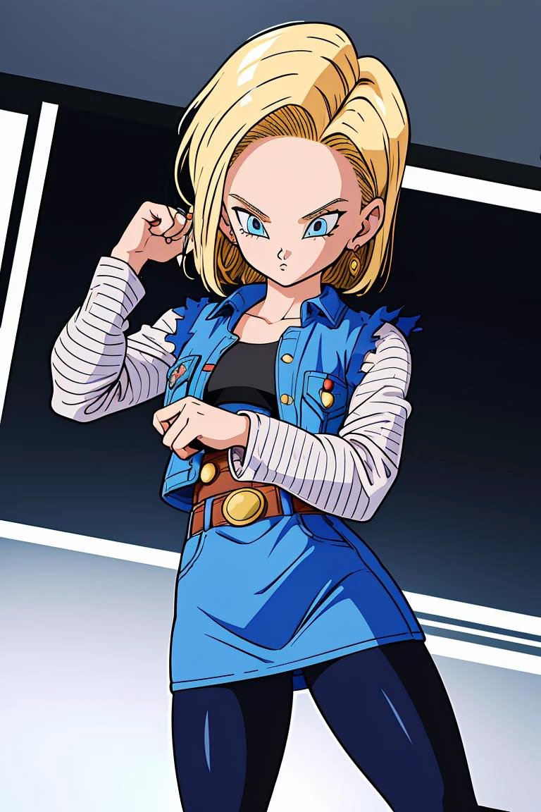(masterpiece, best quality), 1girl, <lora:DBZ_Android18_v1:1> android 18, 1girl, solo, blue eyes, short hair, blonde hair, earrings, || denim skirt, blue skirt, pencil skirt, black shirt, long sleeves, striped sleeves, brown belt, black pantyhose, denim vest, blue vest,