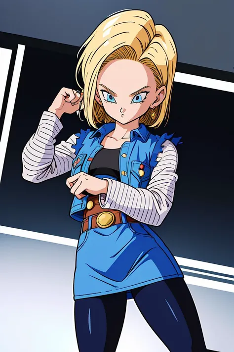 (masterpiece, best quality), 1girl,  <lora:DBZ_Android18_v1:1> android 18, 1girl, solo, blue eyes, short hair, blonde hair, earrings, || denim skirt, blue skirt, pencil skirt, black shirt, long sleeves, striped sleeves, brown belt, black pantyhose, denim vest, blue vest,