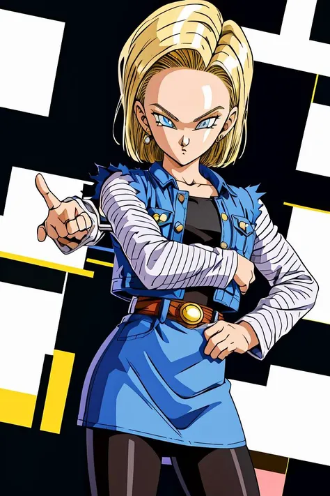 (masterpiece, best quality), 1girl, <lora:DBZ_Android18_v1:1> android 18, 1girl, solo, blue eyes, short hair, blonde hair, earrings, || denim skirt, blue skirt, pencil skirt, black shirt, long sleeves, striped sleeves, brown belt, black pantyhose, denim vest, blue vest,