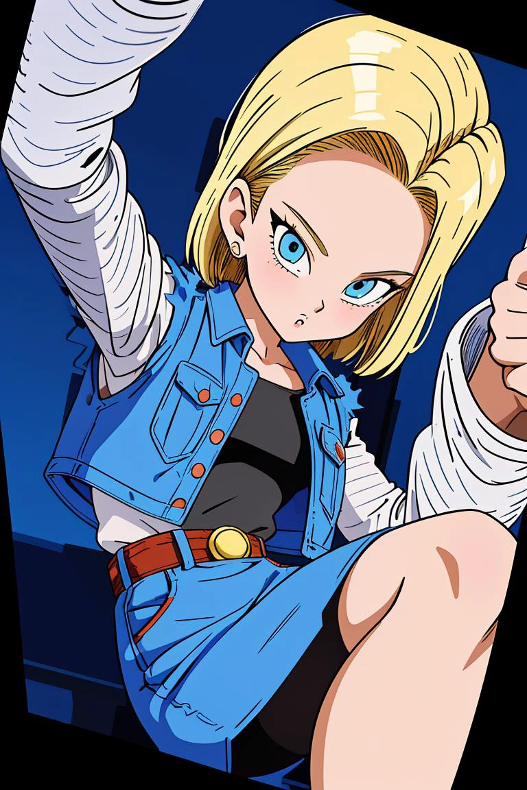 (masterpiece, best quality), 1girl, <lora:DBZ_Android18_v1:1> android 18, 1girl, solo, blue eyes, short hair, blonde hair, earrings, || denim skirt, blue skirt, pencil skirt, black shirt, long sleeves, striped sleeves, brown belt, black pantyhose, denim vest, blue vest,