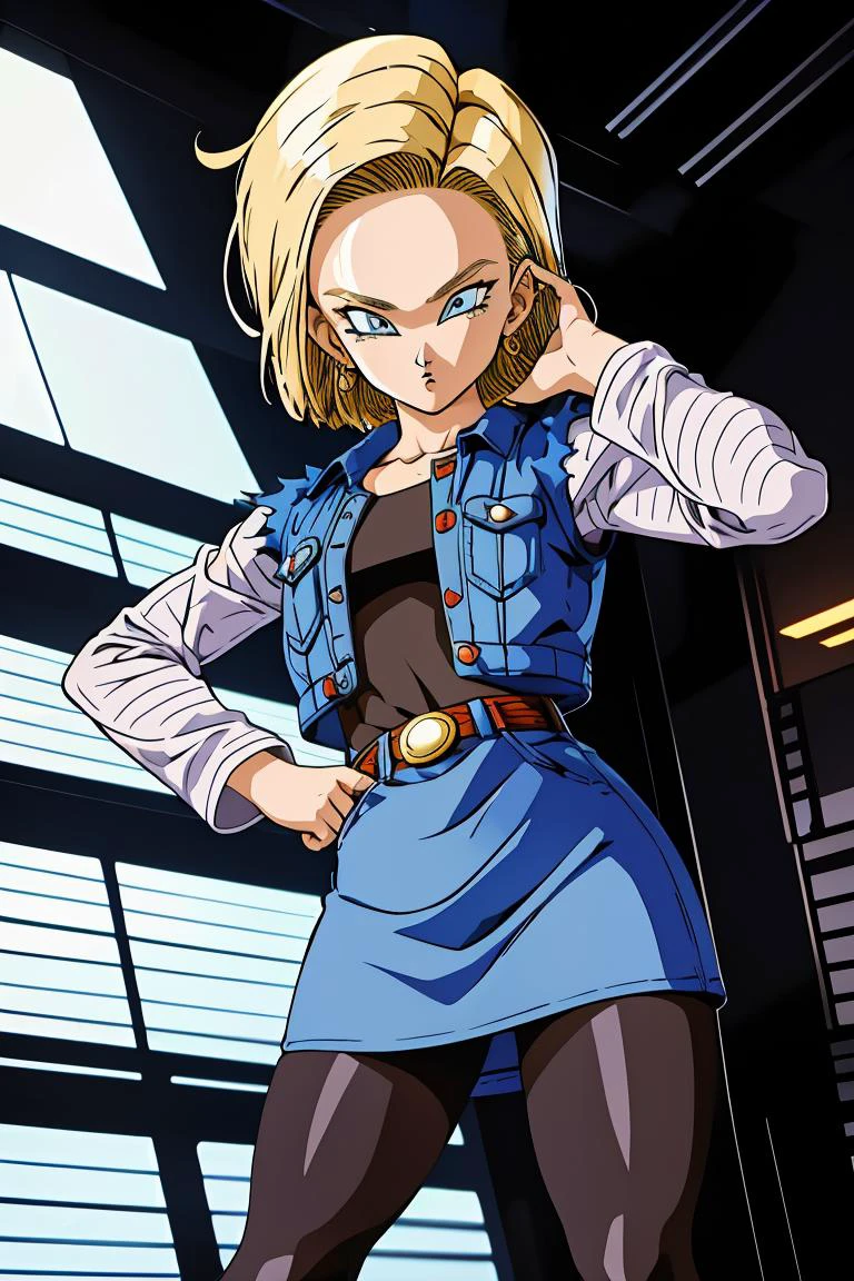 (masterpiece, best quality), 1girl, <lora:DBZ_Android18_v1:1> android 18, 1girl, solo, blue eyes, short hair, blonde hair, earrings, || denim skirt, blue skirt, pencil skirt, black shirt, long sleeves, striped sleeves, brown belt, black pantyhose, denim vest, blue vest,