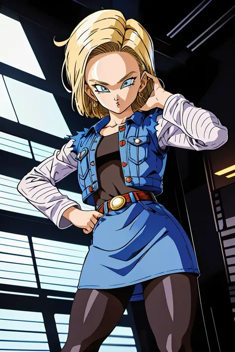 (masterpiece, best quality), 1girl, <lora:DBZ_Android18_v1:1> android 18, 1girl, solo, blue eyes, short hair, blonde hair, earrings, || denim skirt, blue skirt, pencil skirt, black shirt, long sleeves, striped sleeves, brown belt, black pantyhose, denim vest, blue vest,