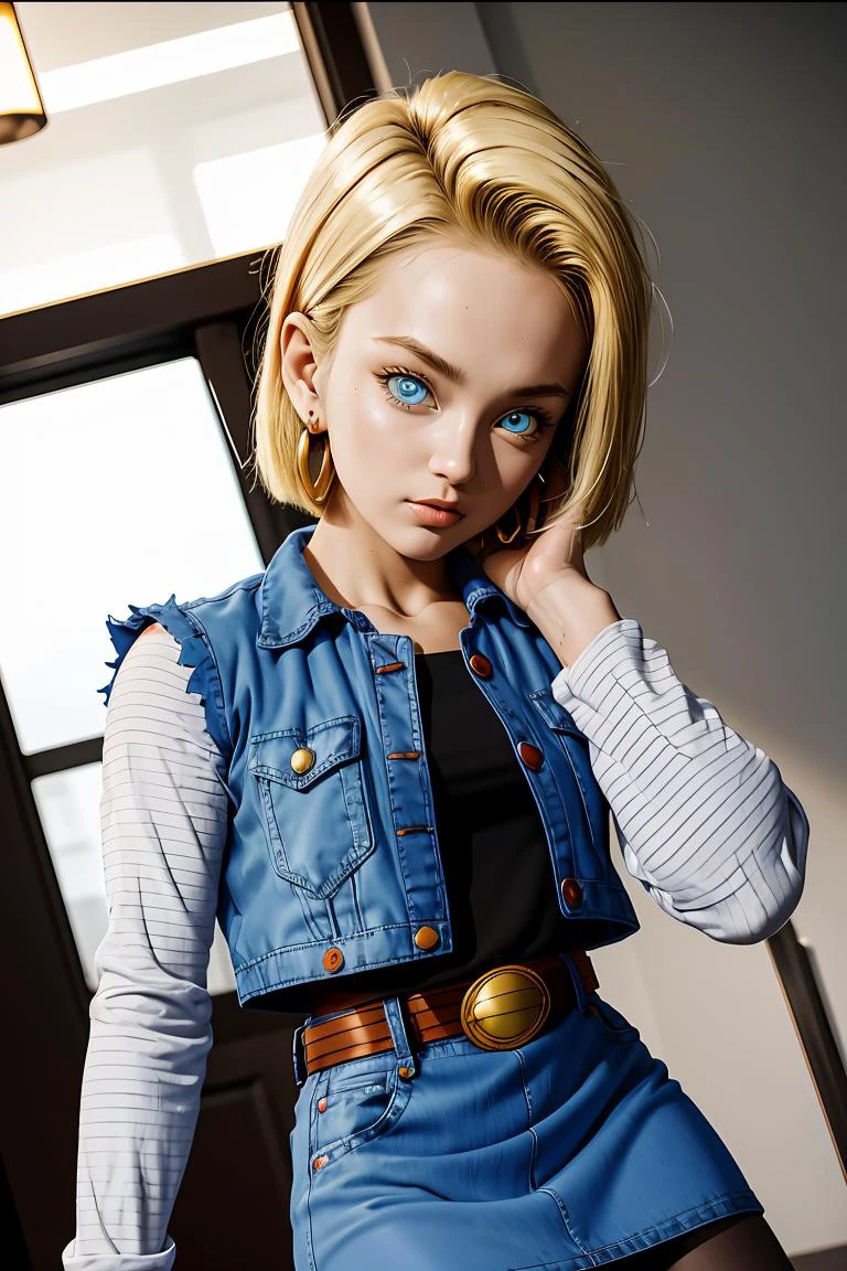 (masterpiece, best quality), 1girl, <lora:DBZ_Android18_v1:1> android 18, 1girl, solo, blue eyes, short hair, blonde hair, earrings, || denim skirt, blue skirt, pencil skirt, black shirt, long sleeves, striped sleeves, brown belt, black pantyhose, denim vest, blue vest,