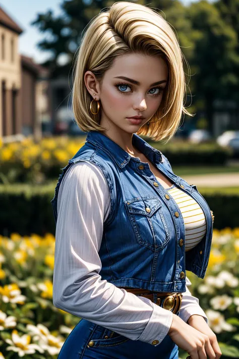 (ultra realistic,32k, masterpiece:1.2),(high detailed skin:1.1),( high quality:1.1),
<lora:DBZ_Android18_v1:0.8>android 18, 1girl, solo, (blue eyes:0.70), short hair, blonde hair, earrings,denim skirt, blue skirt, pencil skirt, black shirt, long sleeves, striped sleeves, brown belt, black pantyhose, denim vest, blue vest,,huge breast,large breast,,(looking at viewer, portrait:1.1),, <lora:add_detail:0.83>,
(lighting:1.1), flower garden, outside, flowers, sunshine, blurry background,,