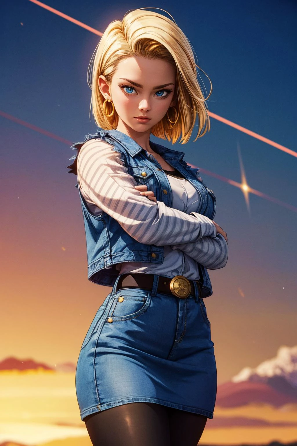 (ultra realistic,32k, masterpiece:1.2),(high detailed skin:1.1),( high quality:1.1),
<lora:DBZ_Android18_v1:0.8>android 18, 1girl, solo, blue eyes, short hair, blonde hair, earrings,denim skirt, blue skirt, pencil skirt, black shirt, long sleeves, striped sleeves, brown belt, black pantyhose, denim vest, blue vest,,huge breast,large breast,,fighting stance, <lora:add_detail:0.99>,
(golden hour:1.1), starfire nexus, celestial convergence, radiant energies, nexus of cosmic power, blurry background,