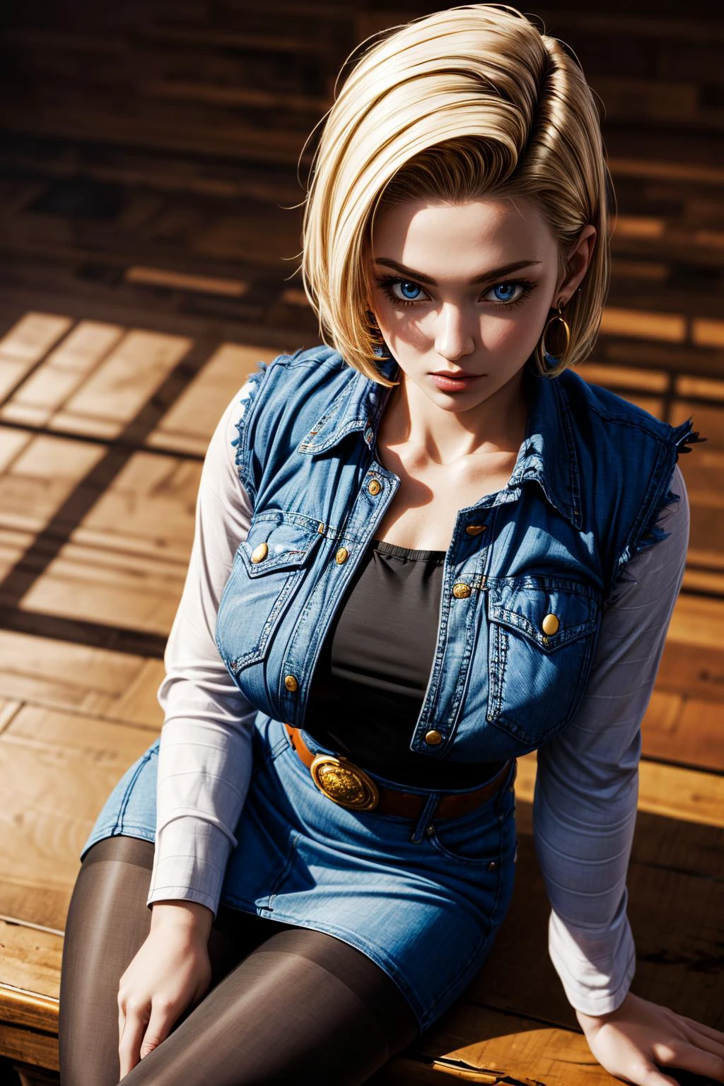 (ultra realistic,32k, masterpiece:1.2),(high detailed skin:1.1),( high quality:1.1),
<lora:DBZ_Android18_v1:0.8>android 18, 1girl, solo, (blue eyes:0.70), short hair, blonde hair, earrings,denim skirt, blue skirt, pencil skirt, black shirt, long sleeves, striped sleeves, brown belt, black pantyhose, denim vest, blue vest,,huge breast,large breast,,(looking at viewer, sitting, from above:1.1),, <lora:add_detail:0.97>,
(dense light rays:1.1), blank background, blurry background,