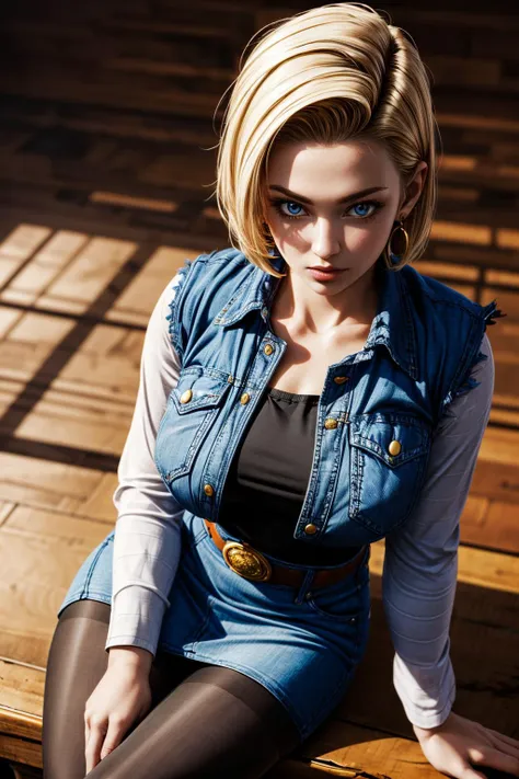 (ultra realistic,32k, masterpiece:1.2),(high detailed skin:1.1),( high quality:1.1),
<lora:DBZ_Android18_v1:0.8>android 18, 1girl, solo, (blue eyes:0.70), short hair, blonde hair, earrings,denim skirt, blue skirt, pencil skirt, black shirt, long sleeves, striped sleeves, brown belt, black pantyhose, denim vest, blue vest,,huge breast,large breast,,(looking at viewer, sitting, from above:1.1),, <lora:add_detail:0.97>,
(dense light rays:1.1),   blank background, blurry background,