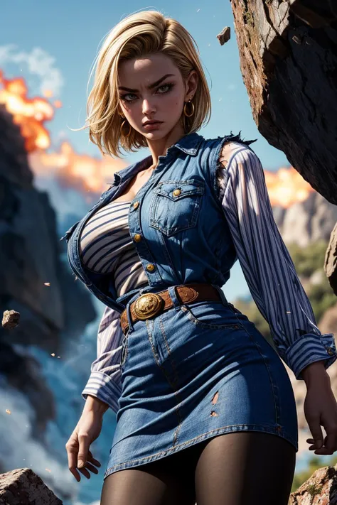 Android 18, Greek goddess Aphrodite, very angry, and sexy face, Her figure is extremely sexy voluptuous, Gigantic breasts, Heavy breasts, Hip fitness, Big ass, Cracked abdominal muscle, big abs muscle, wear short jean skirt, high heel brown boots, black short shirt and blue short jean coat, nymphomaniac.