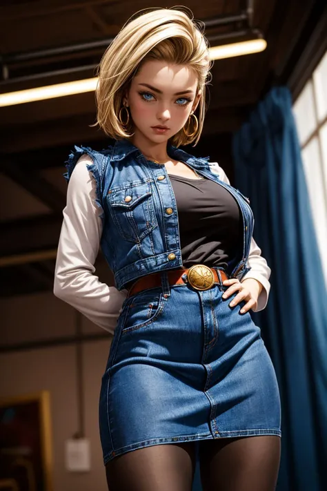 (ultra realistic,32k, masterpiece:1.2),(high detailed skin:1.1),( high quality:1.1),
<lora:DBZ_Android18_v1:0.8>android 18, 1girl, solo, blue eyes, short hair, blonde hair, earrings,denim skirt, blue skirt, pencil skirt, black shirt, long sleeves, striped sleeves, brown belt, black pantyhose, denim vest, blue vest,,huge breast,large breast,,(looking at viewer, standing, from below:1.1),, <lora:add_detail:0.76>,
(neon light:1.1),   blank background, blurry background,