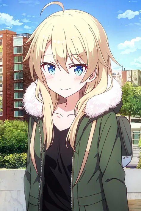((best quality)),((highly detailed)),masterpiece,absurdres,detailed face,beautiful face,(detailed eyes, deep eyes),(1girl),((dynamic pose)),  <lora:Ko_Yagami:0.7>Yagami, 1girl, solo, long hair, blue eyes, smile, blonde hair, looking at viewer, black shirt, shirt, blush, fur trim, jacket, upper body, hair between eyes, green jacket, closed mouth, bangs, ahoge, building, fur-trimmed jacket, open clothes, coat,jeans, outdoors, long sleeves, simple background, collarbone