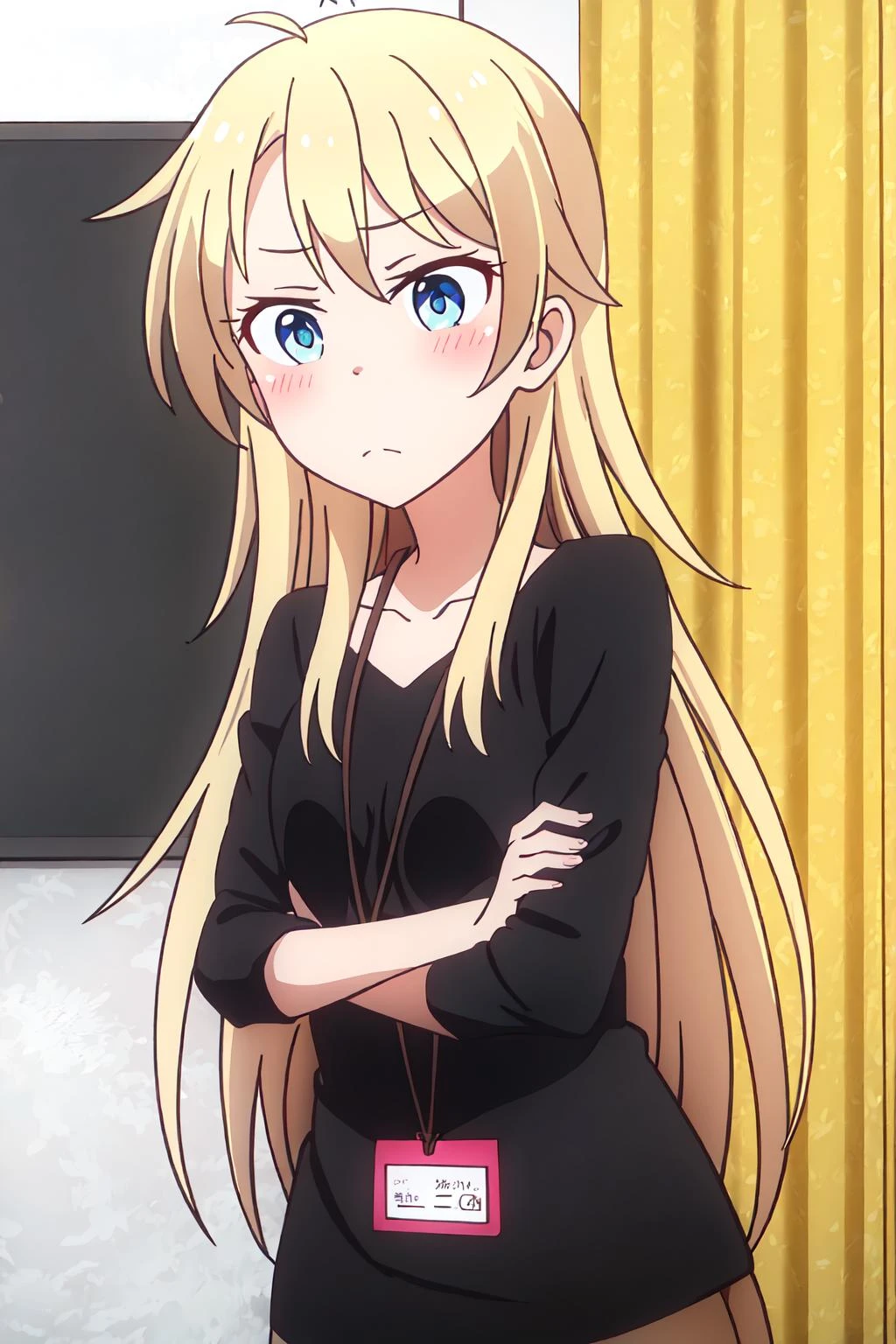 ((best quality)),((highly detailed)),masterpiece,absurdres,detailed face,beautiful face,(detailed eyes, deep eyes),(1girl),((dynamic pose)), <lora:Ko_Yagami:0.7>Yagami, 1girl, solo, long hair, blonde hair, blue eyes, id card, lanyard, shirt, black shirt, collarbone, upper body, curtains, stuffed toy, :<, stuffed animal, ahoge, blush, arms crossed, very long hair, closed mouth, name tag, indoors, long sleeves, bangs, frown
