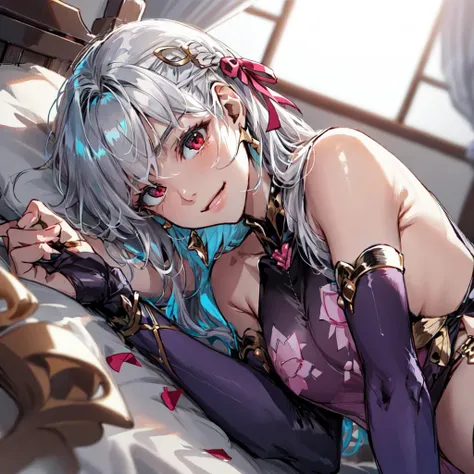 White hair, Ponytail, Purple eyes, Smile, Naked, Making love, Sex, Missionary POV, Arms up, Armpit