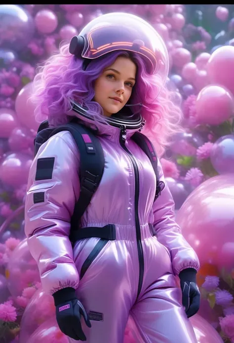 close-up, portrait, best cinematic quality, 8K, HDR, RGB, cyber helmet, technical clothing jacket, close-up space scenery, cute girl in a big fluffy pink coat and a transparent cellophane jumpsuit, with long tousled purple hair and shiny skin, Drew Barrymore's cute young face and anatomically correct athletic body, sneakers, walk among flowers, fantasy, oil on canvas, insanely detailed, 4k, Greg Rutkowski, Artgerm, WLOP, dynamic lighting intricately detailed Splash art trending on Artstation, volumetric lighting, nature , full frame, symmetrical, intricate artistic masterpiece, ominous, matte film poster, intricate, ((flying machine ride)), moon, high detail,