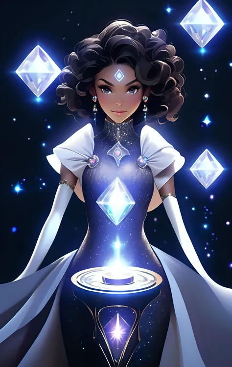 female , Elderly, Solid, Afro-Caribbean, Gray eyes, Round Ears, Unique Nose, High Cheekbones, Diamond face shape with Angular Cheeks, Athletic Triceps, Glamorous evening makeup , Light Black (Soft Black) Voluminous curls hair, Frown, Ritualistic Stance, Intricate movements in ceremonial magic, wearing Enigma Gown , , , and and and Mesmerize (Ferromagnetic,Déjà vu,Enrapturing,Illusionary,Bewitching,Turbulence,Parallel liness,Curved lines,Hexagon ,Sphere,rainbow magic:1.0), Concentrated eyes and poised hands, summoning magical creatures, Astral Gleam, Mystical Rune Stones Chamber, Futuristic Gadgets, Laminate and Tapestry Pile Weave tapestry and Lapis Lazuli, High-Intensity Discharge Lamps, Black Lights, fantasy,
Ultra High Resolution, wallpaper, 8K,Rich texture details, hyper detailed, detailed background, high contrast, sharp focus,detailed eyes,
