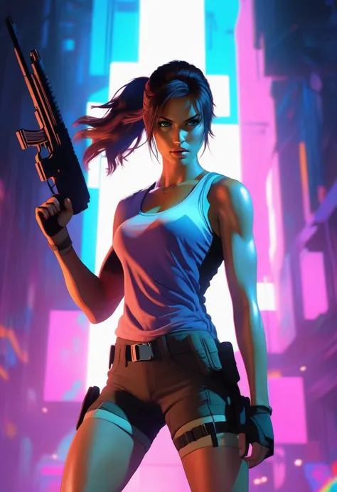 1girl, lara croft, tomb raider
tank top, shorts, gun,
ponytail, action packed
glowing aura,
vaporwave, stunning eyes,
colorful background
by adam hughes