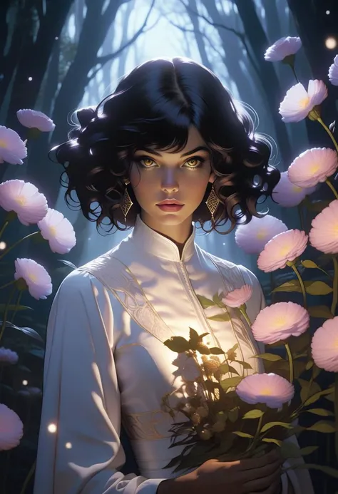a glamorous herbalist , she is surrounded by magical herbs in a moonlit meadow, black hair, short hair, curly hair, dark-skinned female, dark skin, yellow eyes, mole under eye, ultra wide shot, thick lips, masterpiece, best quality, intricate detail, dimly light
dramatic lighting , 
art by Martine Johanna, anime network, anime style