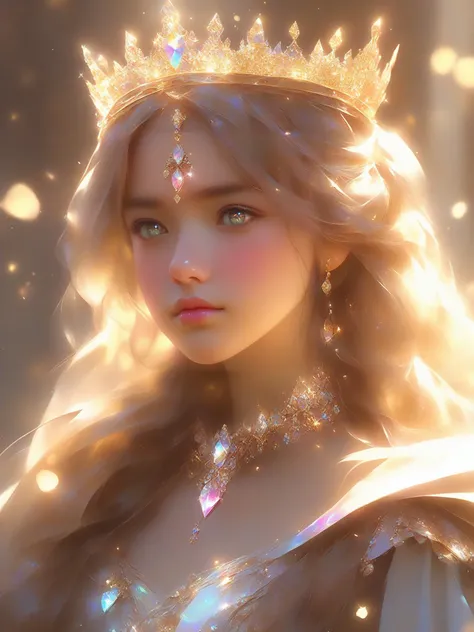 masterpiece, best quality, 1girl, half body, sad princess, fantasy, ((painting by wlop)) from artstation, glitter jewelry, glare, Iridescent, Global illumination, real hair movement, realistic light, realistic shadow, sideways glance, ((foreshortening)), soft light, dream light, perfect eyes, background 4k, romantic, high detail, crowns, gold and gems