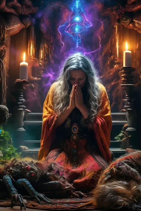 (Ultra realistic, High quality, Intricate movie scene), ((a Ultra detailed Quantum energy creature)) (Praying to a deity in A Witch's Hideout), (Powerful colors, highly detailed colorful textures), (Cinematic lighting, masterpiece), (Colorful, Ultra Realistic, High quality, Ultra detailed, Sharp focus, 8K UHD, Full sharp, Superb intricate Movie scene), (trending on Civitai)
