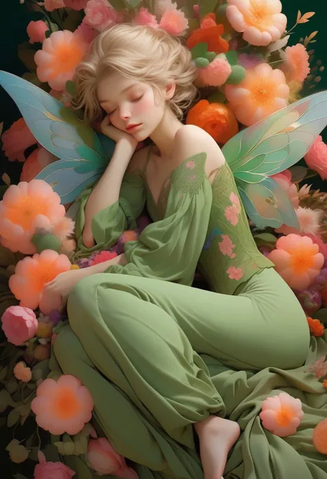1girl tiny, sleeping on the flower,
(Tinkerbell). Rococo, flat chest, wings
beautiful , green outfit
, insanely detailed and intricate
anime comic manga, disney