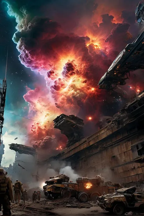 (Ultra realistic, High quality, Intricate, Ultra sharp, Ultra high resolution movie scene), ((a Colorful, Ultra detailed Sentient nebula)) (Conjuring a temporary fortress out of thin air in A war-torn planet with ruined cities and advanced combat mechs battling in the streets.), (Powerful colors, highly detailed colorful textures), (Cinematic lighting, masterpiece), (Ultra Crisp picture, Colorful, Ultra Realistic, High quality, Ultra detailed, Sharp focus, 8K UHD, Full sharp, Superb Fantasy Movie scene), (trending on Civitai)