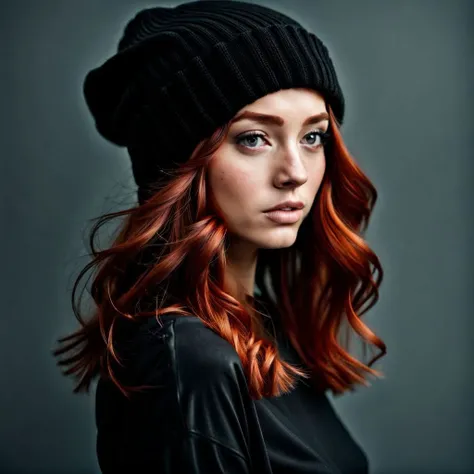 Hot red hair girl wearing coop black beanie