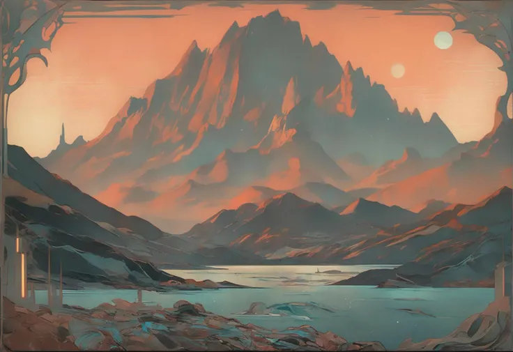 slorp slorpin, retro-futurism, cosmic horror, seascape, cutaway mountains dusk art nouveau