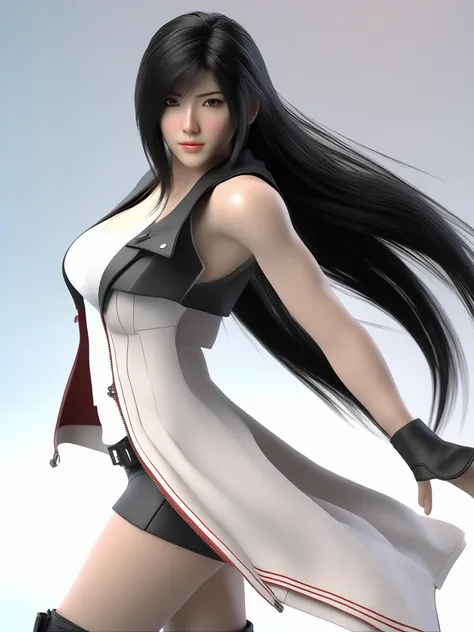 delicate colorful 3D PVC model of (tifa lockhart in final Fantasy 7 series),(long black hair), mini short with coat style clothes, detail hair, fluttering in the wind , sharp details, details face, detail eyes , intricate details, ultra-realistic,digitally enhanced,3d reference background, 8k resolution, unapologetic grit, overexposure,sharp focus , UHD, 8K