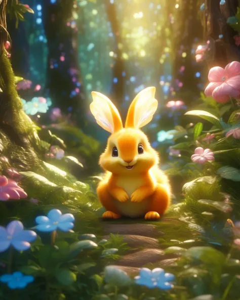 (extremely detailed 8K, smooth, high resolution, ultra quality, best quality, masterpiece, top quality, extremely detailed:1.5), Adorable Fantasy Creature, Enchanted forest backdrop, Innocent eyes, gentle smile, Wonder and magic in the scene, Charming whimsical world inhabitant.