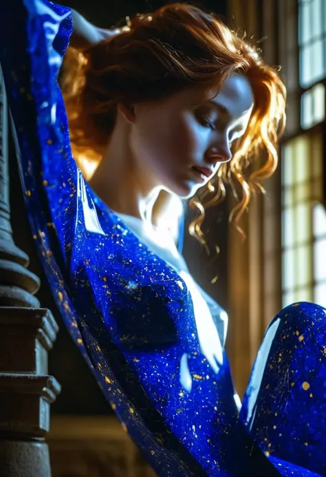a girl made out of (Delfts blauw:1.4), cracked, shattered porcelain, deep fine cracks, kintsugi, white porcelain, delfts blauw, as seen from side, looking at viewer, face focus, freckles, redhead, masterpiece, best quality, (intricate details), (naked:1.6, small breasts), eldritch, glow, glowing eyes, volumetric lighting, unique pose, dynamic pose, dutch angle, 35mm, anamorphic, lightroom, cinematography, film grain, HDR10, 8k hdr, Steve McCurry, ((cinematic)), RAW, color graded portra 400 film, remarkable color, raytracing, subsurface scattering,