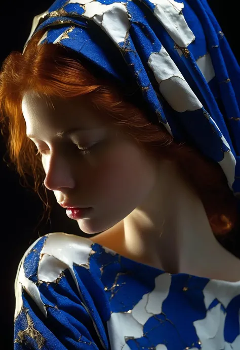 a girl made out of (Delfts blauw:1.4), cracked, shattered porcelain, deep fine cracks, kintsugi, white porcelain, delfts blauw, as seen from side, looking at viewer, face focus, freckles, redhead, masterpiece, best quality, (intricate details), (topless:1.6, small breasts), eldritch, glow, glowing eyes, volumetric lighting, unique pose, dynamic pose, dutch angle, 35mm, anamorphic, lightroom, cinematography, film grain, HDR10, 8k hdr, Steve McCurry, ((cinematic)), RAW, color graded portra 400 film, remarkable color, raytracing, subsurface scattering,