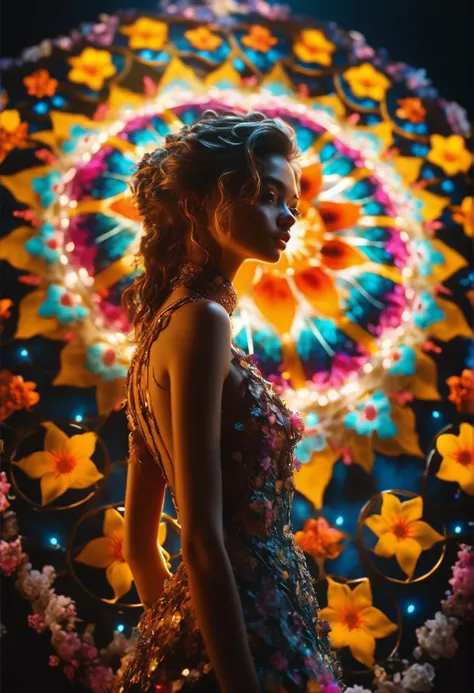 Woman with shiny translucent fractal skin, whole body, Swirling organic pattern, Energetic, Ultra HD, Bright colors, perfect composition, Soft natural volumetric cinema lighting, amazing shadow, Black silhouette, Volumetric Light,