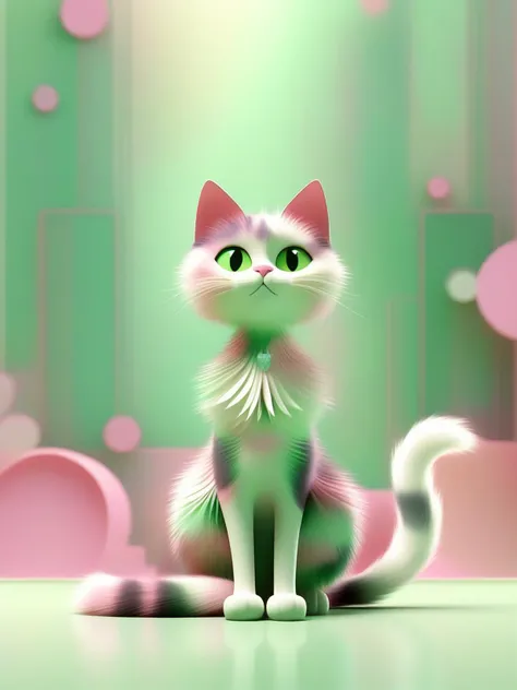 Sitting cat Art of the skinny cat calico cat by sara bhana, in the style of fractalism, light green, eroded interiors, uhd image, mechanized abstraction, ang pink, flowing textures, cinematic 8k,