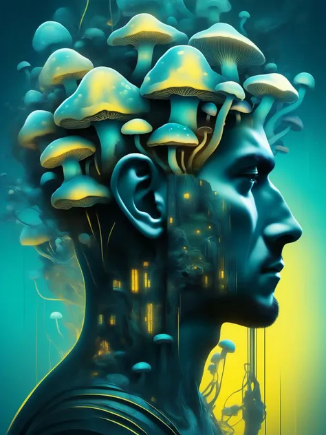 A man's head that has a brain in it, in the style of surreal cyberpunk iconography, dark teal and light yellow, surrealistic horror painter, mushroomcore, intricate underwater worlds, detailed character design, uhd image