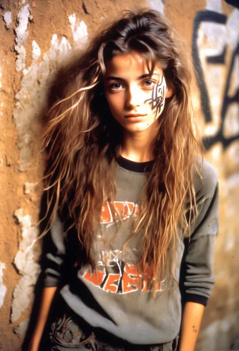 photo of a young woman, 1990s, Artisan, Graffiti, weathered skin, dusty, dry