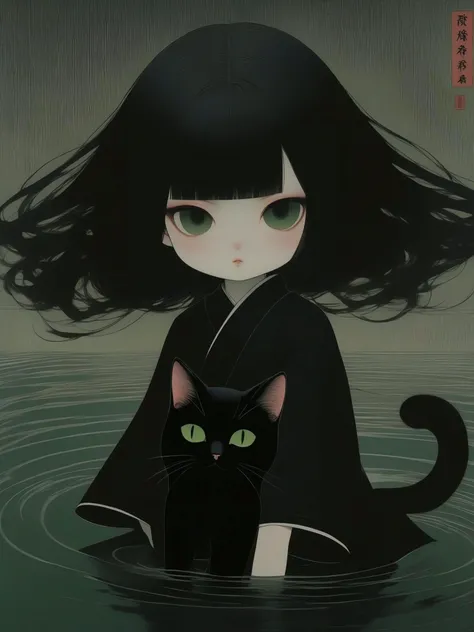 Liu Ye~ Li Shou black catgirl ghost yokai nekomimi looking at viewer, victorian goth, fallen angel wings long black hair, chinese mythology, psychological tension by junji ito, Mokumokuren, green tea~ uzumaki, beware the water~ deftones~ junji ito, Psicosis by Alfred Hitchcock