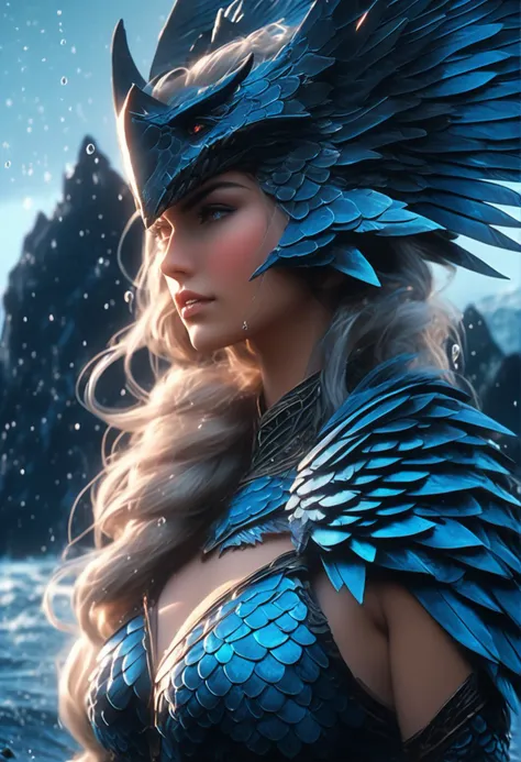 perfect photo Siren from the cold waters around Skellige. Her scales shimmer in shades of blue and silver, and her elongated, webbed fingers hint at her predatory nature. Her wings, a blend of fin and feather, glisten with droplets of seawater. While her beauty is undeniable, her sharp teeth and predatory gaze serve as a chilling reminder of her danger, extreme details, volumetric lighting, cinematic scene, full focus, 16k, UHD, HDR