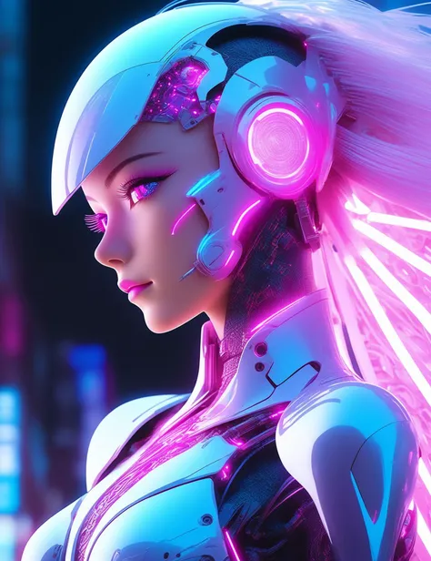 Beautiful feminine humanoid figure, electric fuchsia and blue glow emitting from cybernetic eyes, perfect face, perfect anatomy, overlooking a futuristic city,cinematic pink and blue lighting, intricate metal and lace details, near future cyberpunk setting