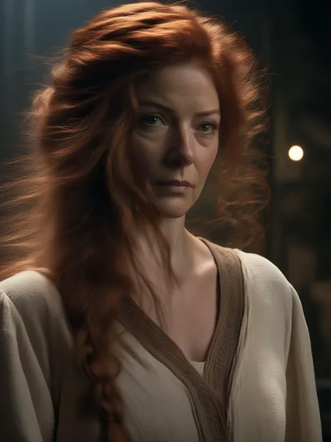 Hyper - realistic cinematic photo full of fine details of a middle aged woman with long thick red hair in a long braid wearing beige linen clothing stood in a dark room