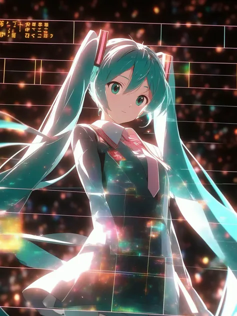 Teaser visual work of the anime film starring the holographic - clad Hatsune Miku whose uniform absorbs the finer magic particles around herself. Post production effects of Hollywood cinema. View of the waist up. Torso. God is in the details. Beauty in mathematics. Accumulated Japanese Phone games style. Superlative texture.