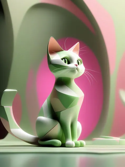 Sitting cat Art of the skinny cat calico cat by sara bhana, in the style of fractalism, light green, eroded interiors, uhd image, mechanized abstraction, ang pink, flowing textures, cinematic 8k,