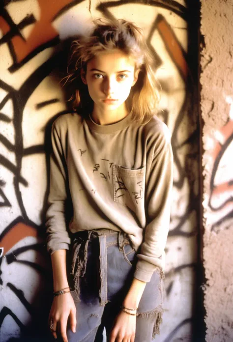 photo of a young woman, 1990s, Artisan, Graffiti, weathered skin, dusty, dry