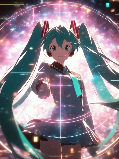 Teaser visual work of the anime film starring the holographic - clad Hatsune Miku whose uniform absorbs the finer magic particles around herself. Post production effects of Hollywood cinema. View of the waist up. Torso. God is in the details. Beauty in mathematics. Accumulated Japanese Phone games style. Superlative texture.