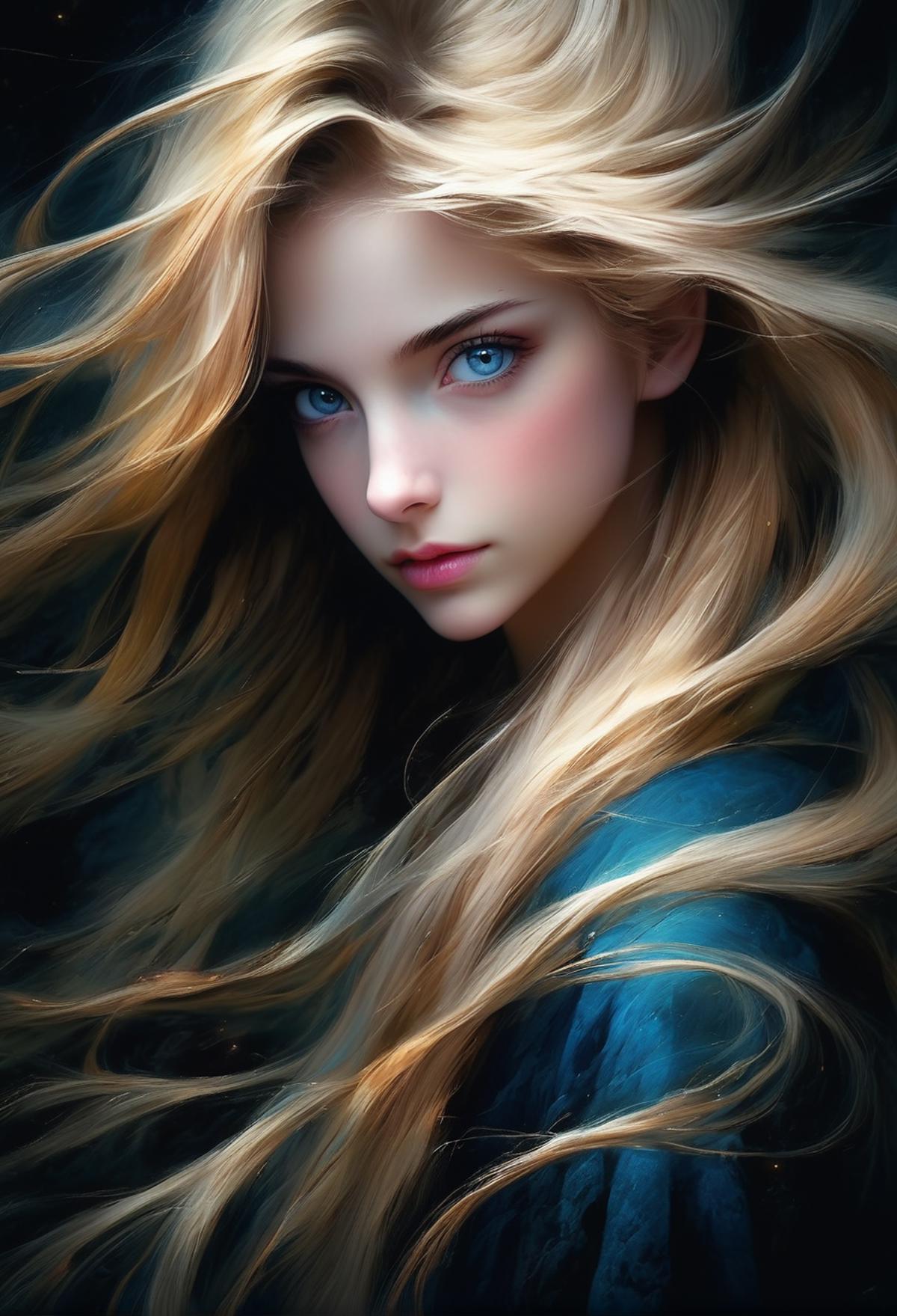 A close up of a woman with long blonde hair and blue eyes - SeaArt AI