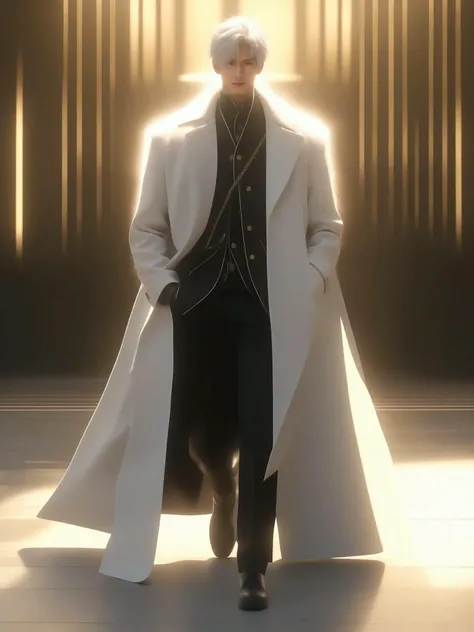 ( Fine) ( 8K) ( Full Body 1. 6) ( film quality) ( Epic) ( Masterpiece) Male 20 years old, white hair, black coat, black pants, one hand on the ground, half crouched, front close - up,