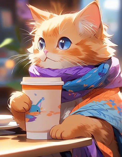 Cat in a scarf holds a coffee mug, in the style of realistic usage of light and color, anime aesthetic, paul bonner, cute and colorful, light orange and blue, in the style of soft-focused realism, poolcore, anime aesthetic, violet and amber, nostalgic