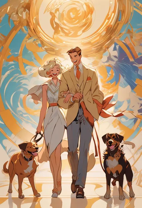 Anime Network, Couple walking dog, laughing, art by J.C. Leyendecker, Anime style, key visual, vibrant, studio anime