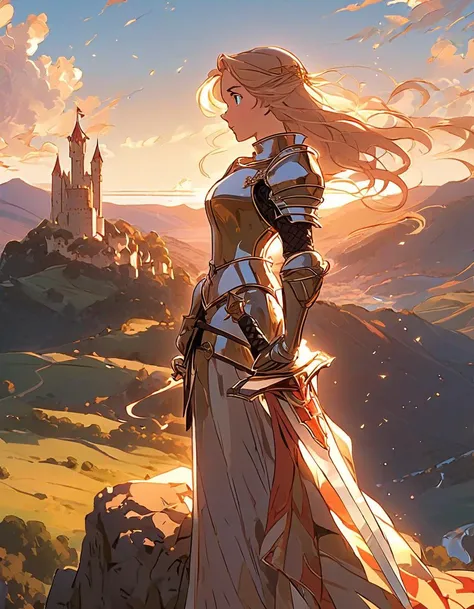 Young woman in medieval metal armor, lifting a sword toward the sky, near a faraway castle at sunset. overlooking a valley, art by J.C. Leyendecker. Anime artwork, anime style, key visual, vibrant, studio anime, highly detailed