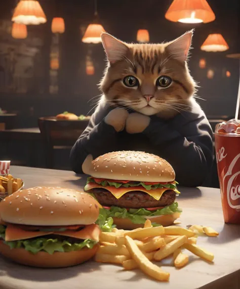 breathtaking (sadcatmeme sits next to the table and looks at hamburger, eyes looking down, eyes and head turn at hamburger), coke on the table, hamburger and fries on the table [32k|16k|best-quality] . award-winning, professional, highly detailed