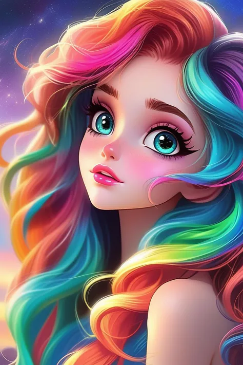 angled shot, chin up, Colorful, big wavy hair, hair has lots of body, beautiful gorgeous woman, wild rainbow hair, detailed eyes, wild floating hair, extreme multicolor hair, extreme makeup, large pouting lips, perfect ideal face, soft skin, cute nose, dark eyeliner, very Black ink flow, professional photography, photo, complex, stary sky background, dark sparkling background, lighting from the front, soft backlight, young female Henry Fonda, young Madison Iseman,